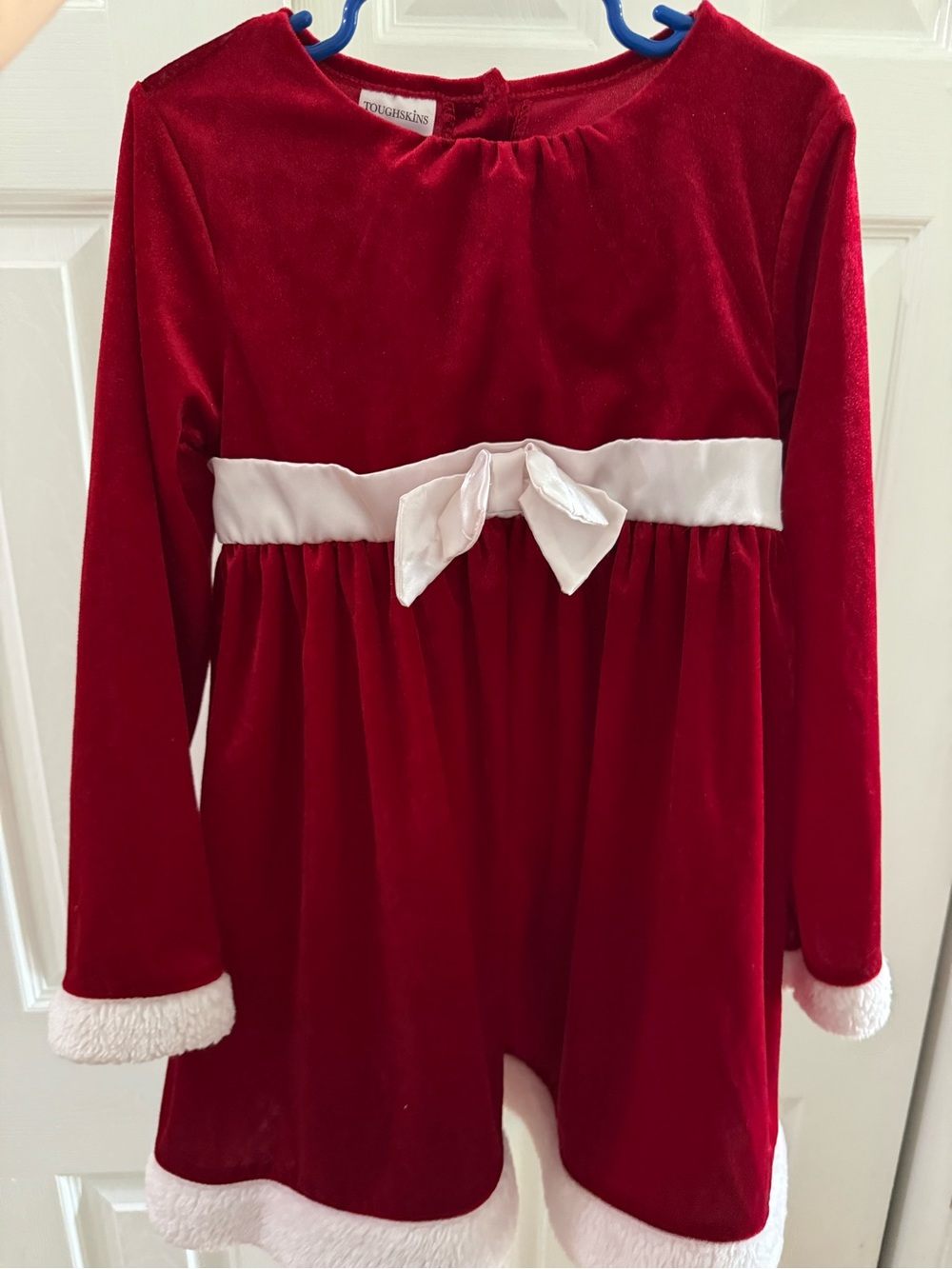 Toughskins Red Velvet Holiday Dress with White Bow Trim